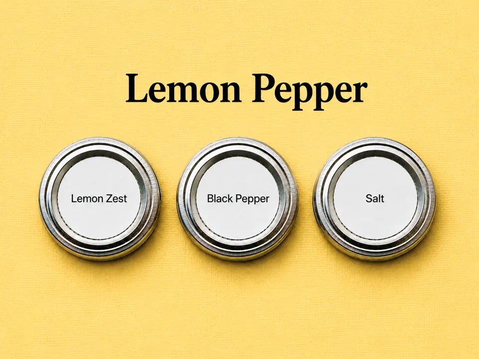 Three labelled jar lids on a lemon yellow ground under the words Lemon Pepper.