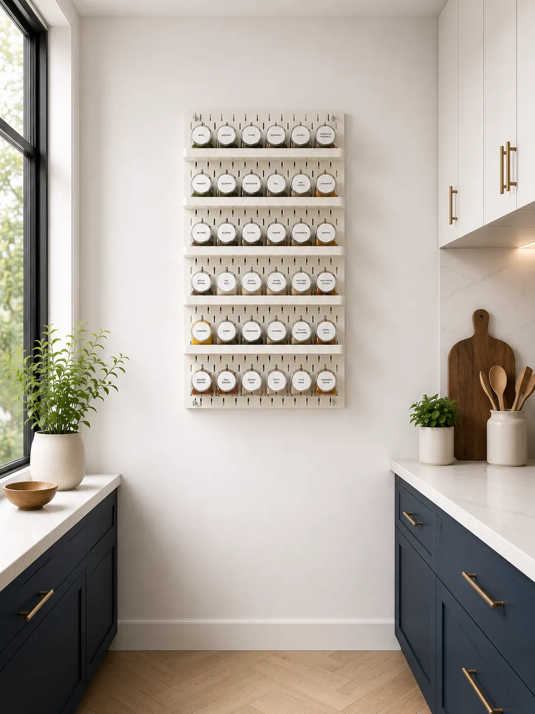 A white wall of racks and labelled jars in a galley kitchen beside dark cabinets.