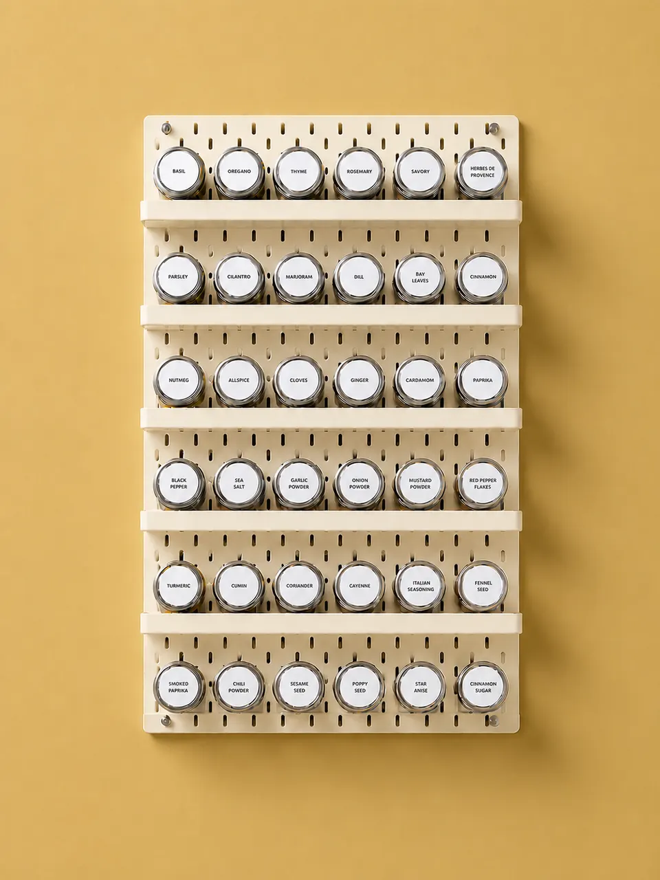 Thirty-six jars in six rows of racks on an ochre wall.