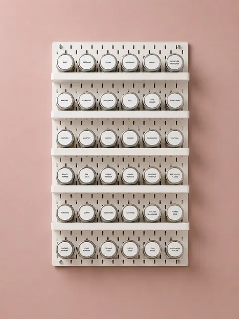 A block of racks with labelled jars on a clay pink wall.