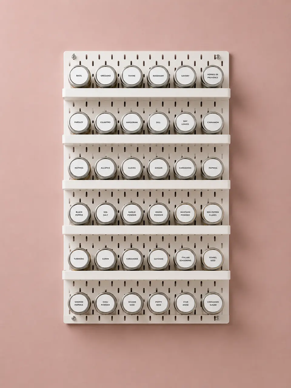 A full block of racks and labelled jars against a clay pink wall.