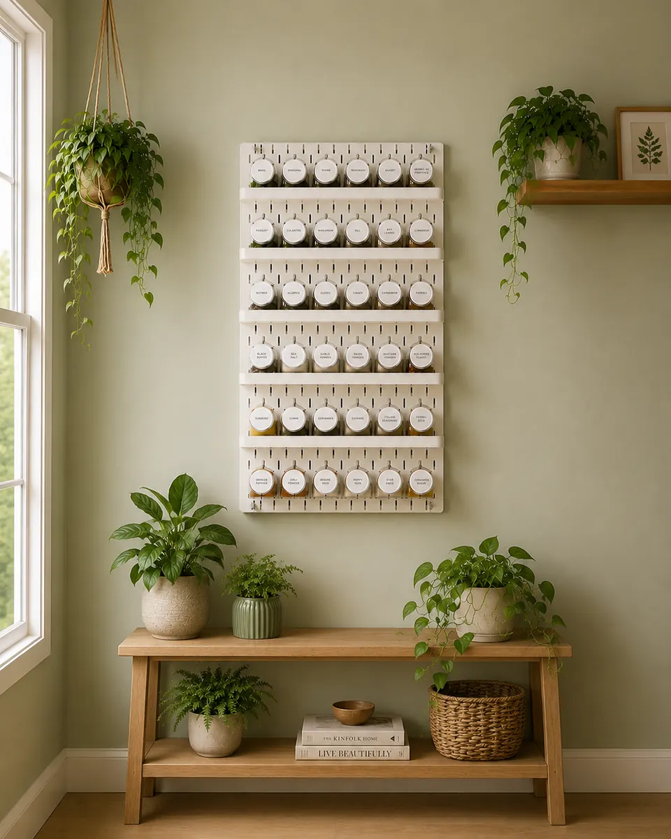 Racks of jars on a sage green wall above a wooden console with plants.