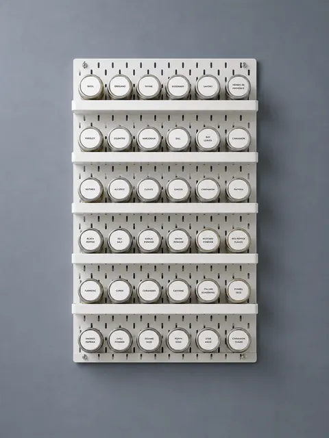 A block of racks and jars on a grey wall.