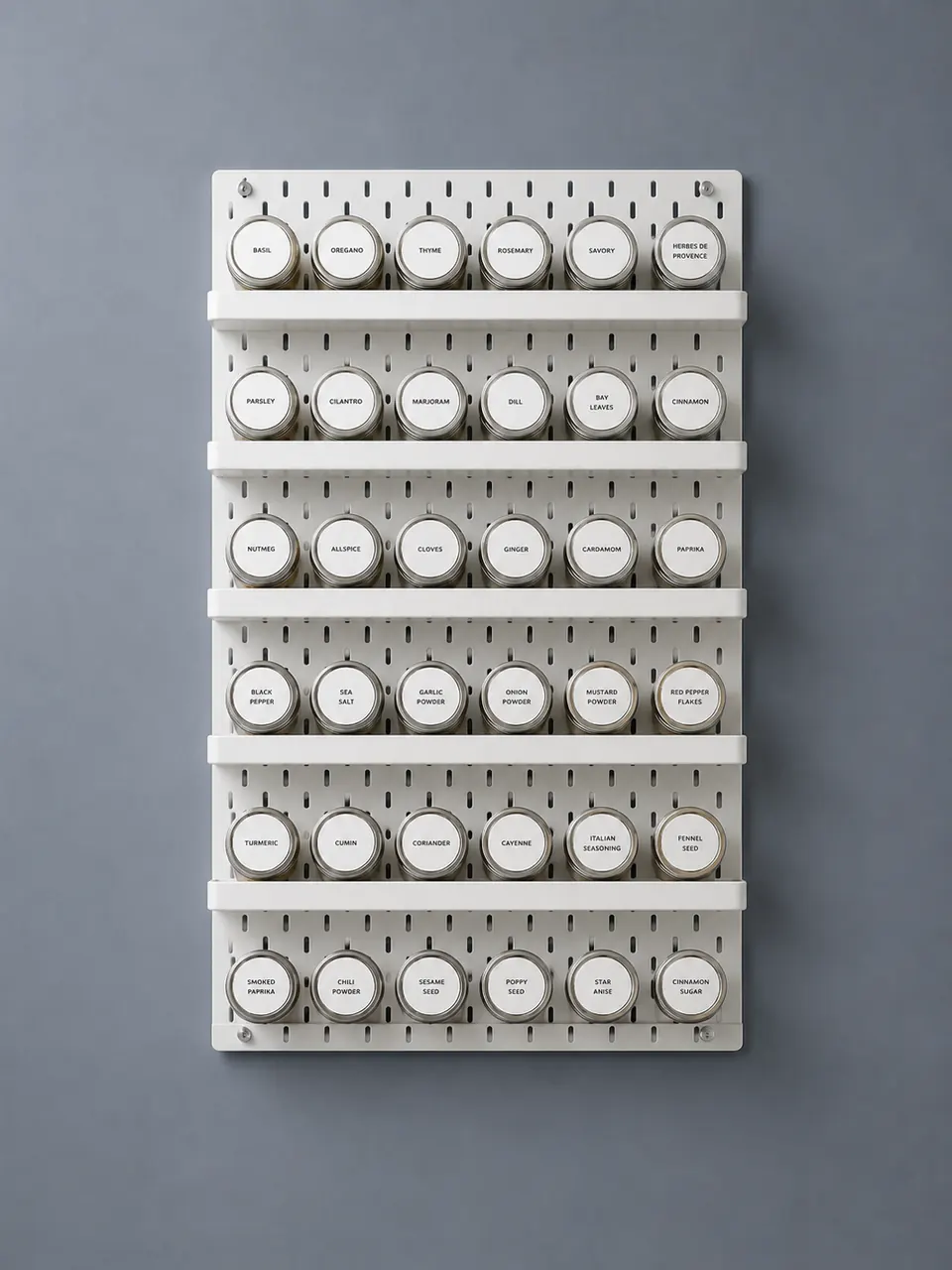 A block of racks with labelled jars on a plain grey wall.